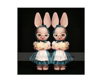 Creepy Twins Weird Easter Art, Pink and Black Vintage Plastic Bunny Rabbit Dolls Photography Print