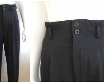 Vintage 1980s Men's Pants High Waist Side Buckle Black Wool Japanese Designer Matsuda