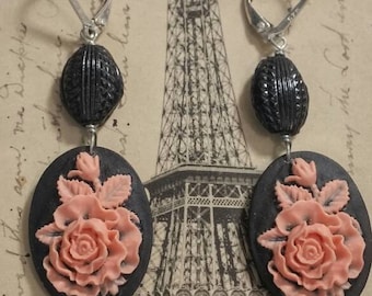 CORAL ROSES vintage ANTIQUE assemblage earrings