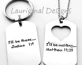 His and Hers dog tag necklace - Solid Dog Tag or Heart Cut out - Deployment Necklace - Dog Tag Key chain - Any wording that fits!