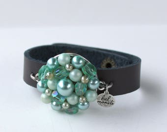 Green Bracelet, Pantone Island Paradise, Snap Bracelet, Leather Cuff, Cuff Bracelet, Vintage Bracelet, Recycled Bracelet, Upcycled, Blue