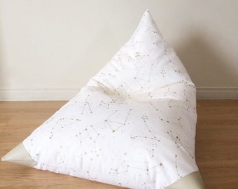 Ivory Gold and Silver Constellations Bean Bag for Kids- Washable Pouf -Children Decor- Stars and Constallations Printed Canvas