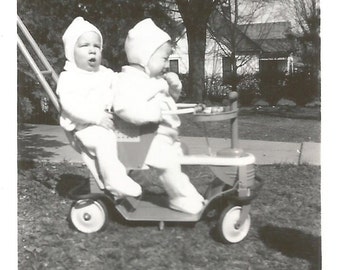 Vintage Photo "Out For A Stroll" Twins Stroller Footie Pajamas Found Photo