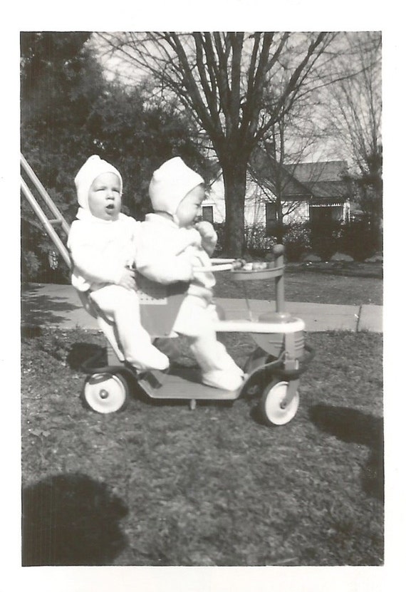 Vintage Photo "Out For A Stroll" Twins Stroller Footie Pajamas Found Photo