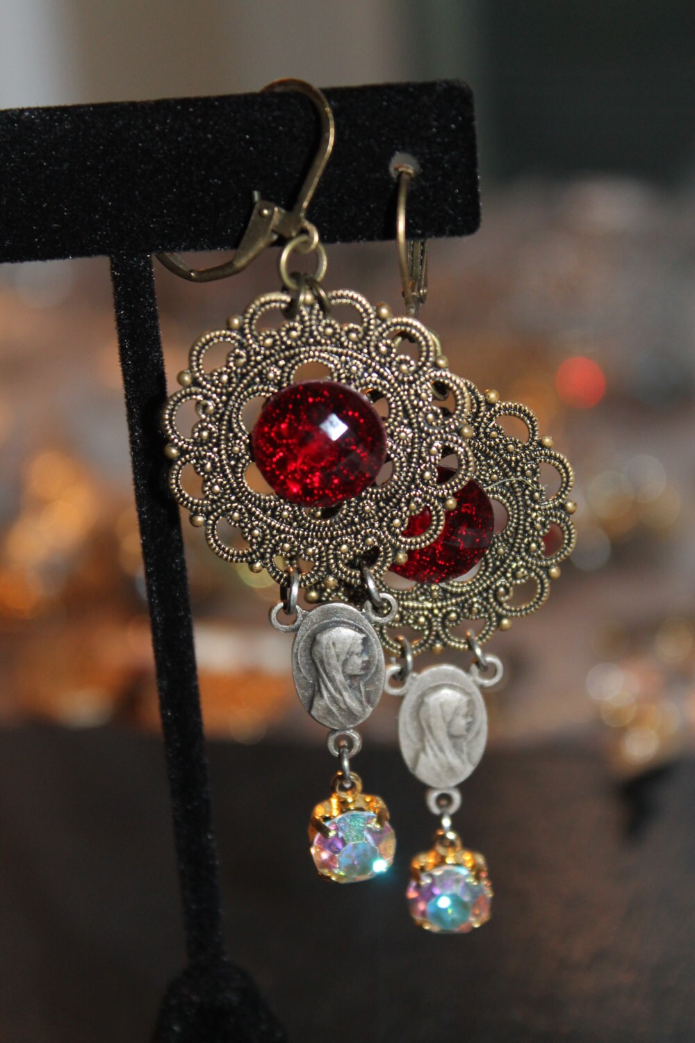 Dangle Earrings Virgin Mary vintage assemblage Repurposed