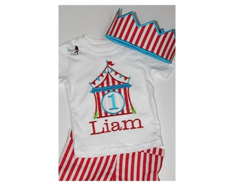 Circus Birthday Outfit, Baby 1st Birthday Outfit, Carnival Birthday Outfit , Personalized Birthday Hat or Crown, Boy Circus Shorts