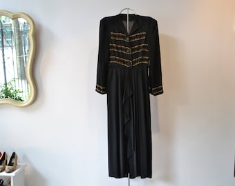 Gorgeous Studded 1940's Dress. Flattering! Black Rayon, shoulder pads, long sleeve, size Medium