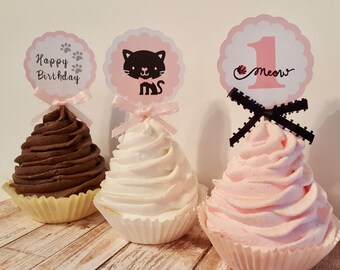Kitty Cat Cupcake toppers black pink white age colors customizable Set of 12 food picks party decorations