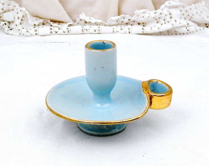 Vintage Mid Century Pale Blue and Gold Glazed Ceramic Porcelain Candle Holder / Candle Stick Retro Mid Century Modern Home Interior Lighting