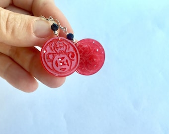 Red jade dangle earrings - carved jade earrings- red gemstone dangle earrings
