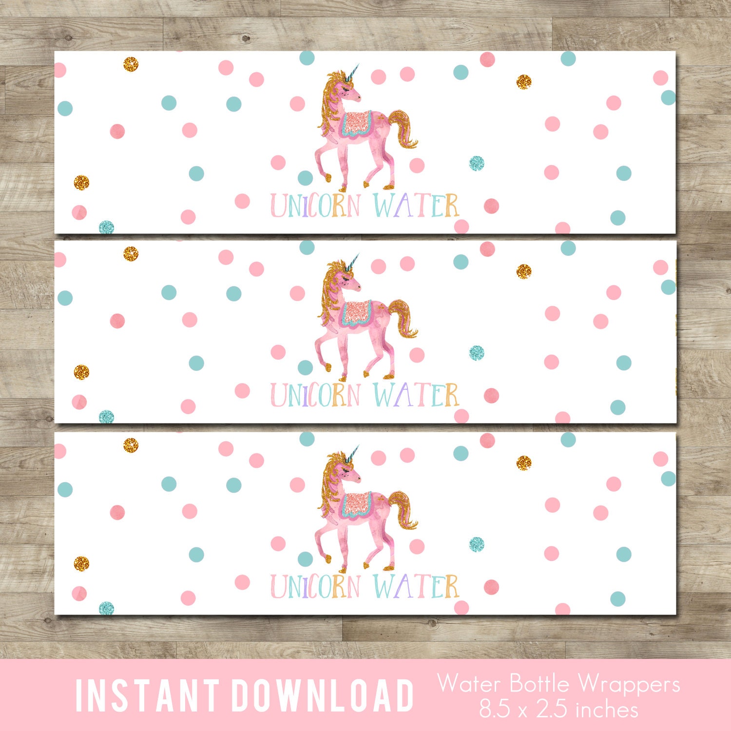 Unicorn Water Bottle Labels Rainbow Unicorn Water Bottle Wrappers Gold Pink Aqua Unicorn Unicorn Label Template