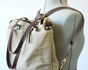 Waxed canvas backpack tote bag / Converts from backpack to shoulder bag to crossbody bag - Taupe waxed canvas and brown leather