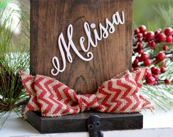 Personalized Stocking Holder, Wood Stocking Holder For Mantle Top, Rustic Christmas Decor, Stocking Label, Stocking Hanger, Stocking Hooks