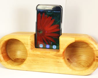 Wood speaker, electricity-free music and sound amplifier, cell phone dock, wooden passive double speakers, gift for men