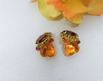 Juliana DeLizza Elster Multi Color Heart & Marquise Rhinestone Clip On Earrings