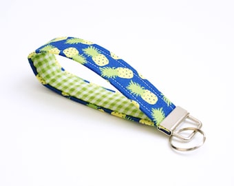 Fabric Key Fob - Pineapples - Blue - Cute Key Ring Wristlet - 5 Inch Fabric Key Chain Loop - Keychain - Short Lanyard - Key Strap