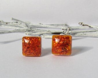 square earrings, copper earrings, geometric earrings, amber earrings, small earrings, studs, resin earring, stud earrings, tiny stud earring