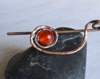 Copper Wire Shawl Pin with Cornelian - Minimalist Pin - Orange Scarf Pin - Sweater Pin - Wire Wrap Brooch