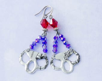 Silver Vintage Tin Earrings with Purple and Red Glass Beads and Antique Silver Beads, Silver Vintage Tin Jewelry