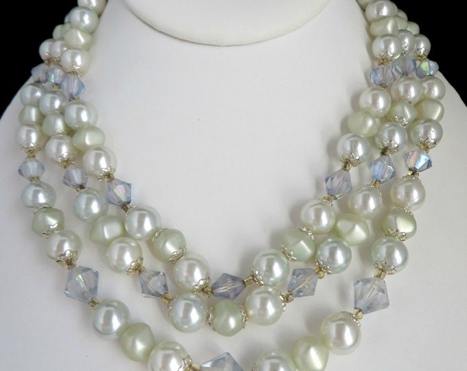Japan Faux Pearl Necklace, Vintage Triple Strand Necklace, Faux Pearl & Faceted Beads Necklace