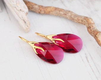 24k Gold Plated Swarovski Earrings-Ruby Red Teardrop Earrings-Swarovski Crystal Jewellery-Deep Red Wedding Bridesmaids Dangle Drop Earrings