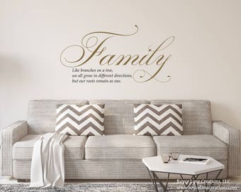 Gold Livingroom Vinyl Sign- Family Like Branches on a Tree Wall Decal- Gold Wall Decal- Gold Living Room Decal- Gold Living Room Sticker