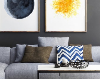 Moon ans Sun set 2 Watercolor Painting, Blue Yellow Living Room Decor, Abstract Minimalist Wall Decoration, Full Moon Gold Star Art Print