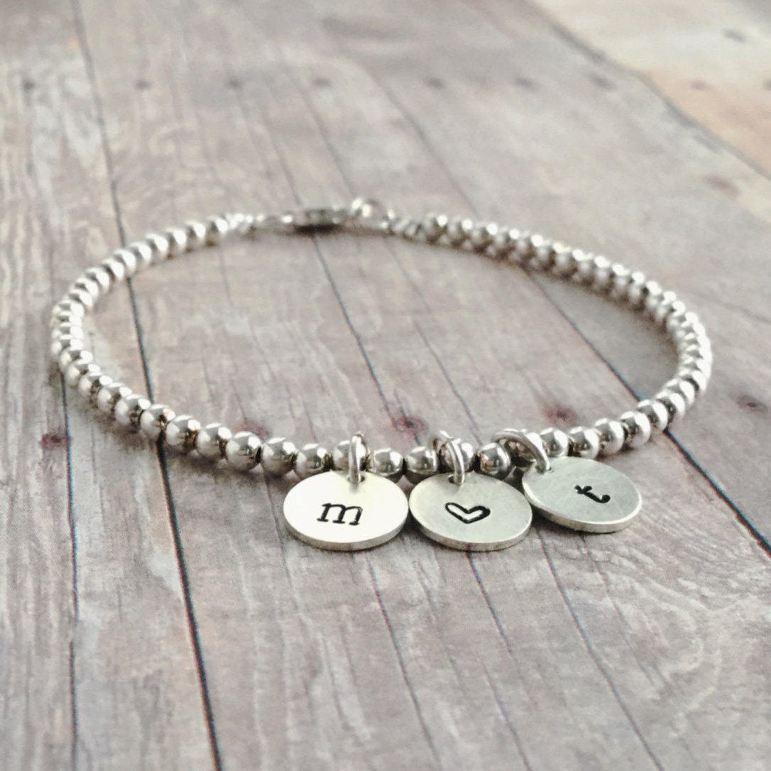 Sterling Silver Bead Bracelet / Initial Charm Jewelry