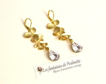Boucles d'oreilles fleurs d'orchidée et cristaux Swarovski, bijoux mariage, - Bridal rhinestones and orchids flower earrings, drop earrings