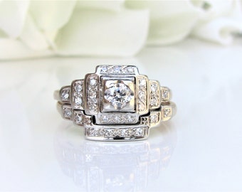 Art Deco Engagement Ring Set 0.46ctw Diamond Vintage Bridal Set 14K Two Tone Gold Curved Antique Diamond Wedding Ring Set Size 7