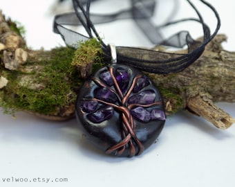 Amethyst Tree-Of-Life Necklace gemstone Pendant February Birthstone Protection Amulet Healing stones Family Tree velwoo