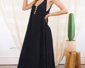 SU MAXI DRESS | Black Kimono Robe Boho Summer Dress Maxi Boho Beach Dress Wear One Size Long Dress Gauze Cotton Dress Resort Black Sun Dress
