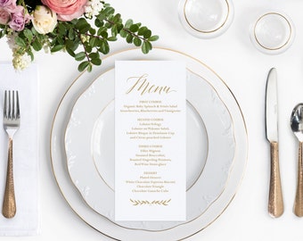 Gold Wedding Menu Template, Printable Wedding Menu Cards, Gold Wedding Decor, 4x9 Editable Template, Rustic DIY Menu Cards, Simple Wreath