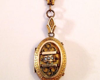 Antique Victorian Gold Filled Photo Locket Necklace with Seed Pearls