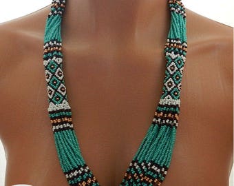Turquoise Beaded Necklace, Ethnic Necklace, Tribal Necklace, Seed Bead Necklace, Seed Beads Jewelry, Statement Necklace, Native Necklace
