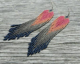 Beaded earrings, Pink grey seed bead fringe earrings, extra long tassel earrings, boho style, Native American jewelry