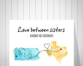 Sisters Long Distance Map Print, Best Friends Map Print, Gift from Best Friend, Two States Map, US Map, Friendship World Map Print - 38477