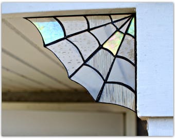 Black Glass Spider Web Corner,Home decor, Garden decor,spider web decor, halloween decor, stained glass,garden, corners, magical, unique