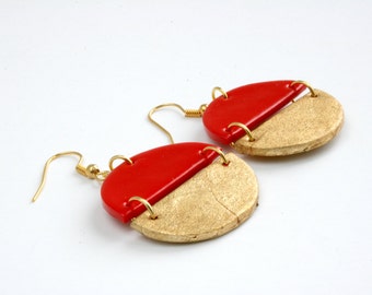 Red earrings, Gold earrings, Boho earrings, Geometric earrings, Statement earrings, Girlfriend gift, Wife gift, Round dangle earrings, gift
