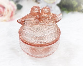 Pink Kissing Birds Depression Glass Jar, Pink Glass Powder Jar, Pink Kissing Birds Vanity Jar, Pink Glass Love Bird Jar #A749