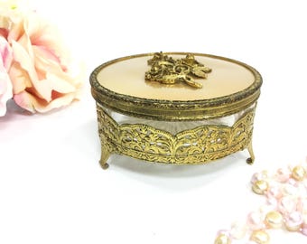 Ormolu 24 KT. Gold Plated Filigree Powder Jar, Gold Ormolu Cosmetic Jar For Vanity, Boudoir, Gold Trinket Box #A969
