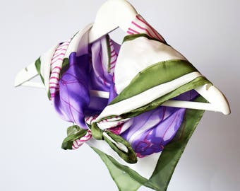 Square silk scarf,purple silk scarf,small square scarf,square scarf silk,floral silk scarf,flower scarf,large square silk scarves