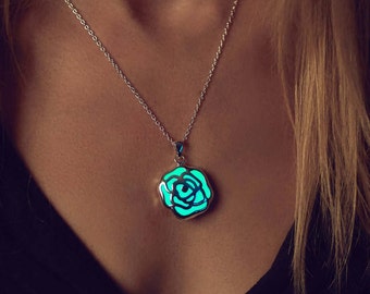Rose Necklace - Flowers - Glow in the Dark Necklace - Glow in the Dark Jewelry - Glowing Rose Necklace - Silver Rose Pendant - Gifts for Her