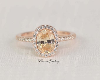 1.5 Carat Rose Gold Engagement Ring, Morganite Ring, Oval Engagement Ring, Oval Cut Ring, Oval Halo Ring, Wedding Ring - Sterling