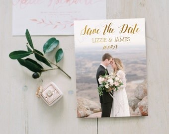Personalised Printable Card, Save-the-Date Card, Gold Foil Effect, Lizzie Floral Collection, PDF
