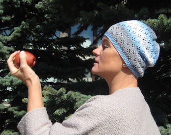 Blue knit hat Blue Womens hat Sun hat for women Knit summer hat Crochet hat women Cotton hat women Knitted girl set Blue mittens Gray cuffs