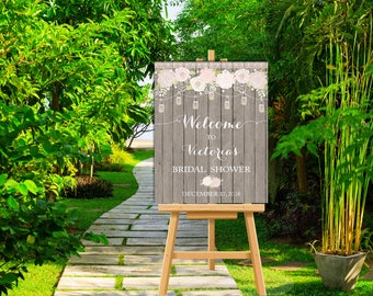 Rustic Mason Jars on Wood Bridal Shower Large Welcome Sign Poster, Customized Floral Bridal Shower Welcome Sign, Country Bridal Shower Decor