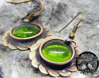 Steampunk earrings Copper earrings Flower earrings Green earrings Vintage jewelry Round earrings Wedding anniversary For her For women
