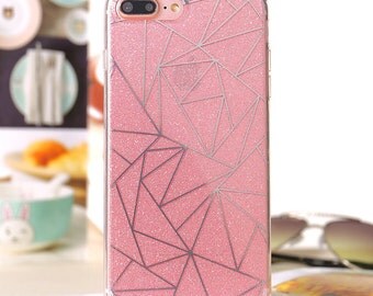 Pink glitter phone case,diamond pink clear phone case, geometric ,abstract,grid, iphone 6, iphone 7, iphone 6 plus, iphone 7 plus