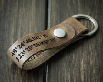 Latitude Longitude Keychain, Personalized Keychain, GPS Coordinates, Leather Key Chain, Custom Coordinates Keychain - Driftwood